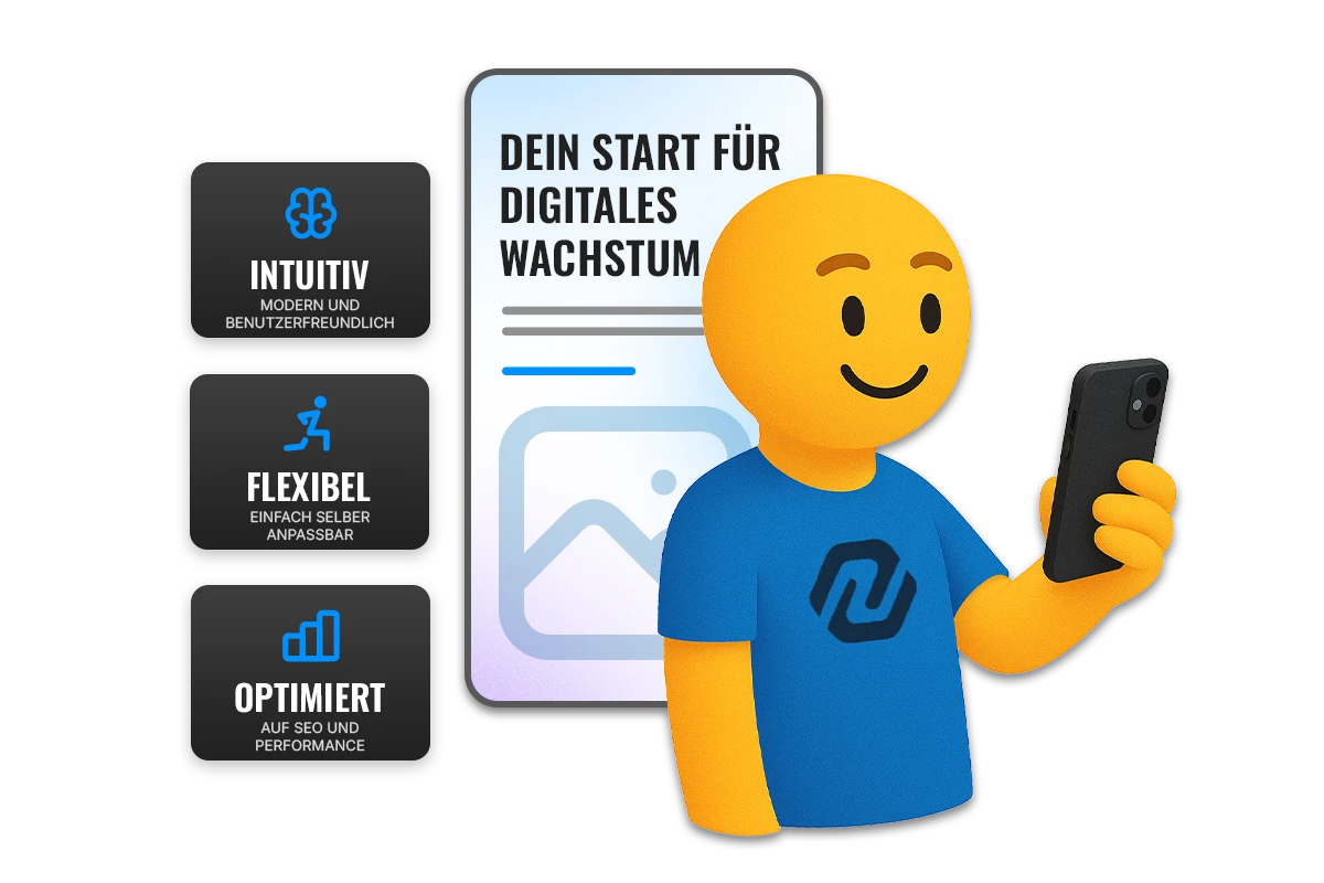 Fröhliche stilisierte Figur in Blau mit Smartphone und Logo auf dem Shirt, ideal zur Darstellung digitaler Kommunikation oder Apps.