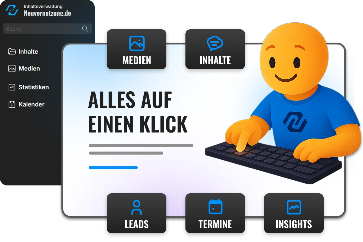Benutzeroberfläche von Neuvernetzung.de mit Symbolen für Inhalte, Medien, Kalender und Figur an Tastatur.
