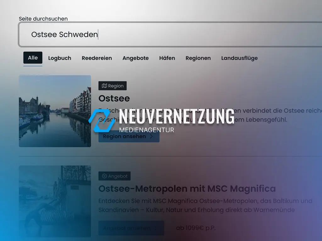 Die Startseite von dresden-kreuzfahrten.de setzt jetzt auf eine neue KI-Suche aus dem Hause Neuvernetzung